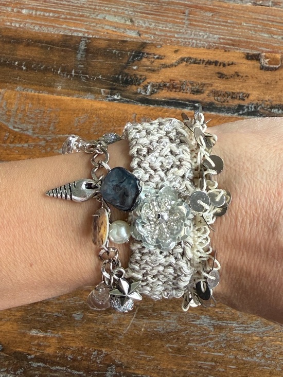 Jewelry - Handmade Silver and white beaded charm bracelet and knitted bracelet set